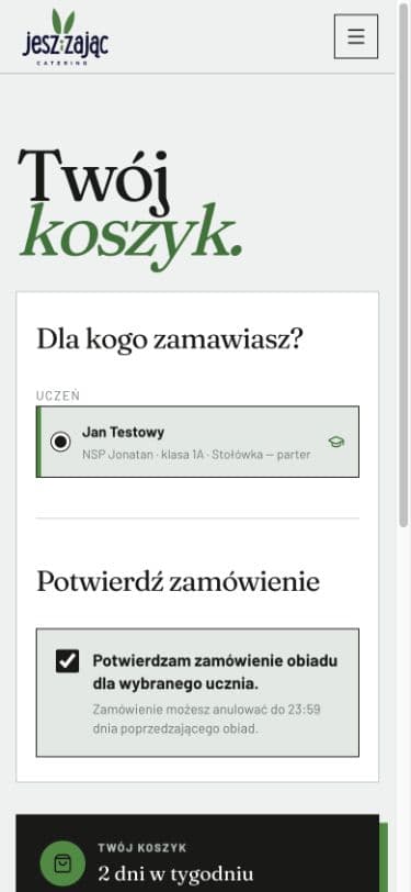 Koszyk z wyborem ucznia i potwierdzeniem zamówienia