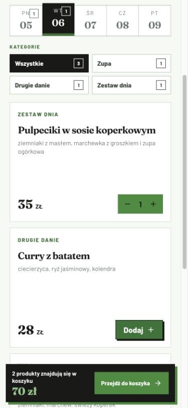 Mobilne menu z wyborem dnia, przyciskiem dodawania dania i paskiem koszyka
