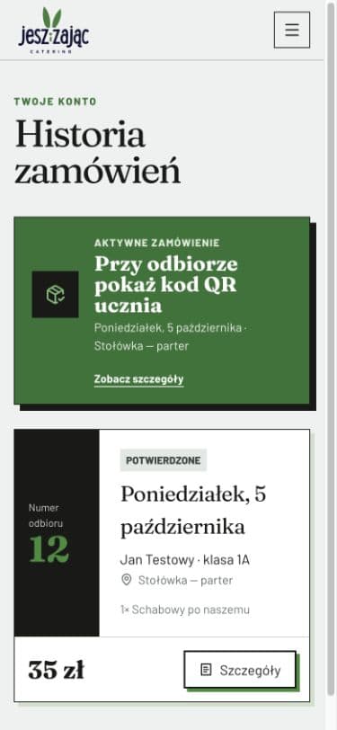 Historia zamówień z aktywnym obiadem i przyciskiem szczegółów
