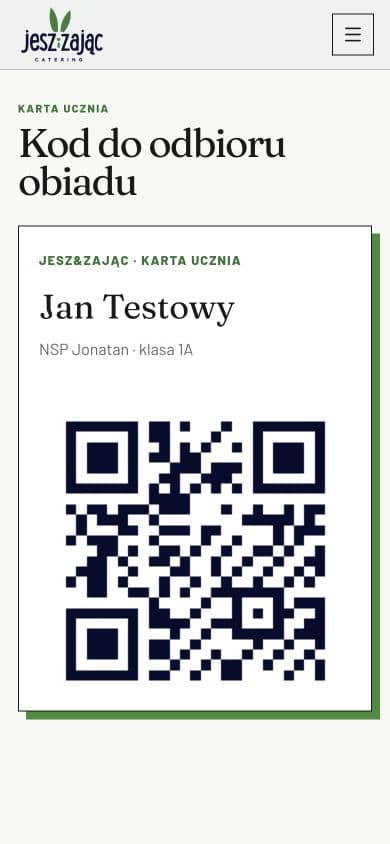 Karta ucznia z demonstracyjnym kodem QR do odbioru obiadu