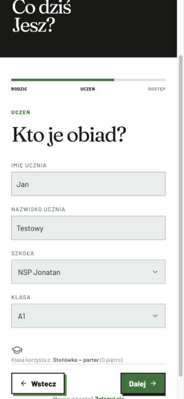 Ekran rejestracji ucznia z wybraną szkołą NSP Jonatan i klasą A1
